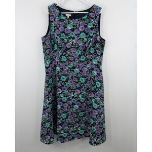 Talbots Floral Sleeveless Dress Women 18W Purple Blue Fit Flare Lined